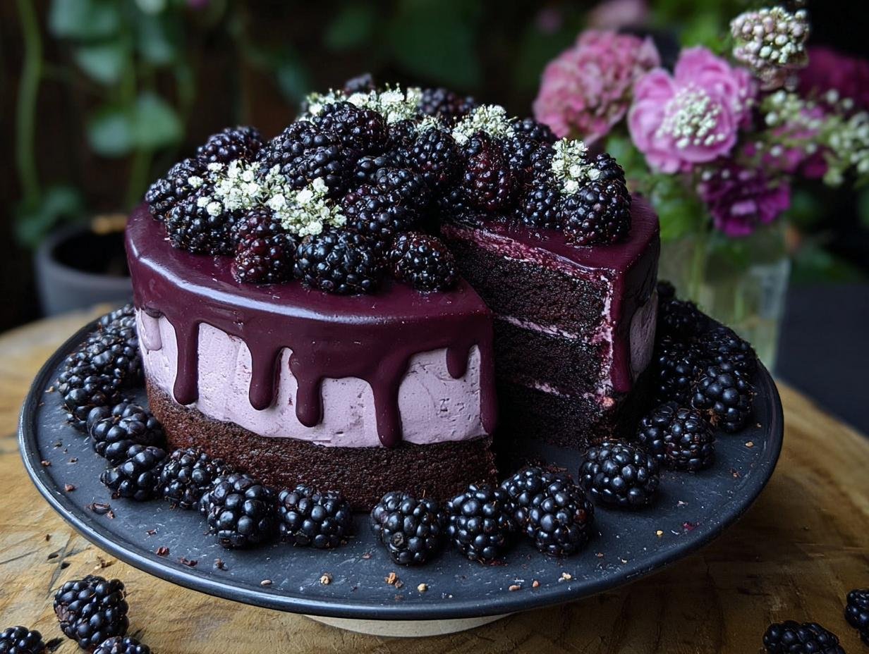 Gâteau Gothique aux Mûres avec glaçage violet, garni de mûres fraîches et de petites fleurs blanches.