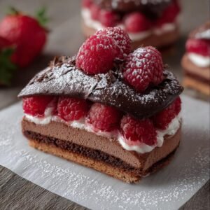 Gros plan d'une tranche de Gâteau Mousse Chocolat Framboise Facile, garni de framboises fraîches et de copeaux de chocolat.