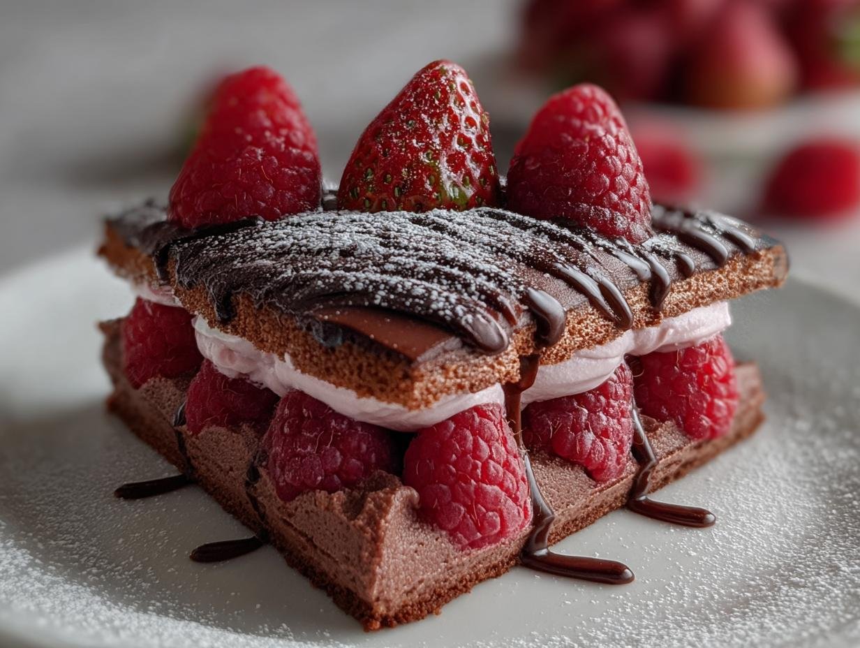 Gâteau Mousse Chocolat Framboise Facile en 5 étapes 1 Gâteau Mousse Chocolat Framboise Facile garni de framboises fraîches et de chocolat fondu.