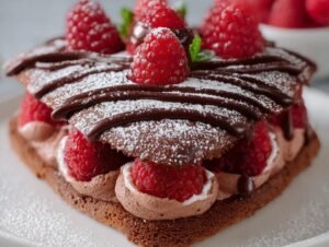 Gâteau Mousse Chocolat Framboise Facile garni de framboises fraîches, de chocolat fondu et de sucre glace.