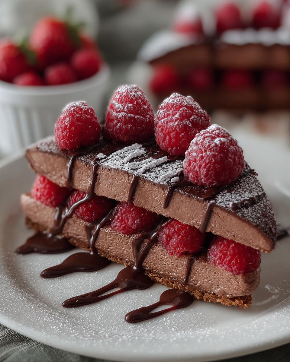 Gâteau Mousse Chocolat Framboise Facile en 5 étapes 2 Gros plan d'une part de Gâteau Mousse Chocolat Framboise Facile, garnie de framboises fraîches et de glaçage au chocolat.