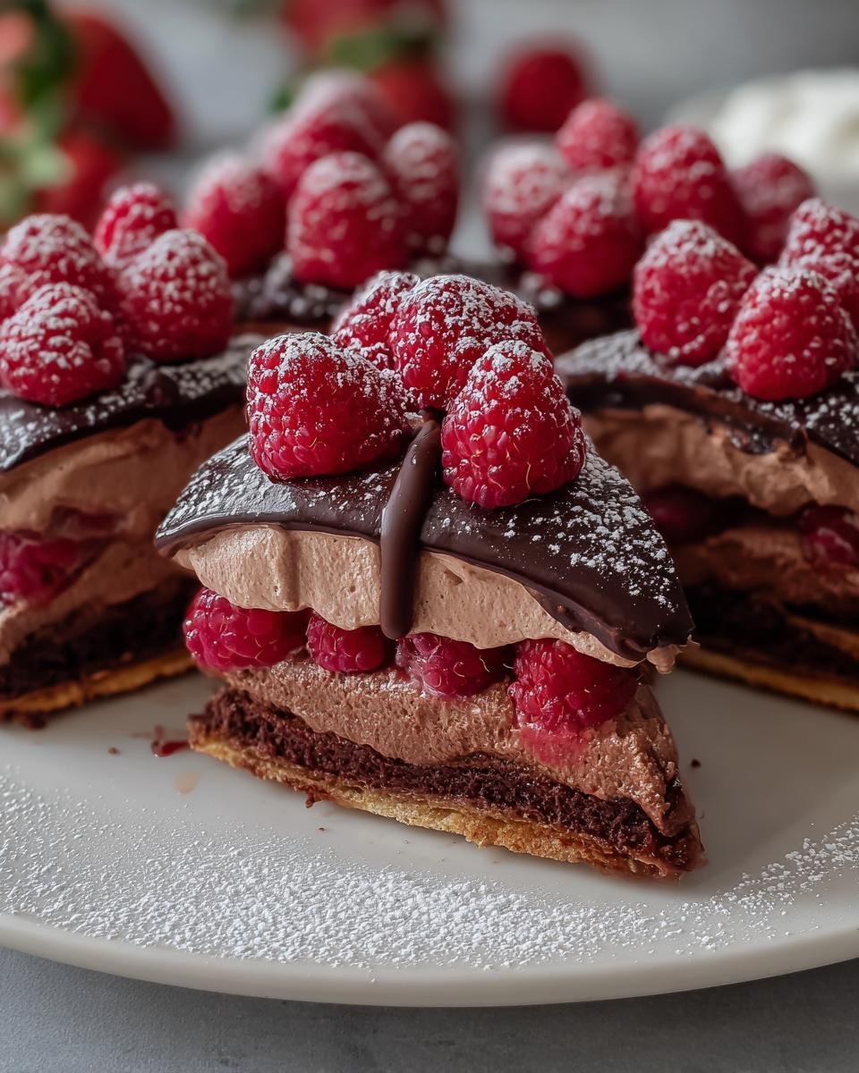 Gâteau Mousse Chocolat Framboise Facile en 5 étapes 4 Gros plan d'une part de gâteau mousse chocolat framboise facile, garnie de framboises fraîches et de sucre glace.