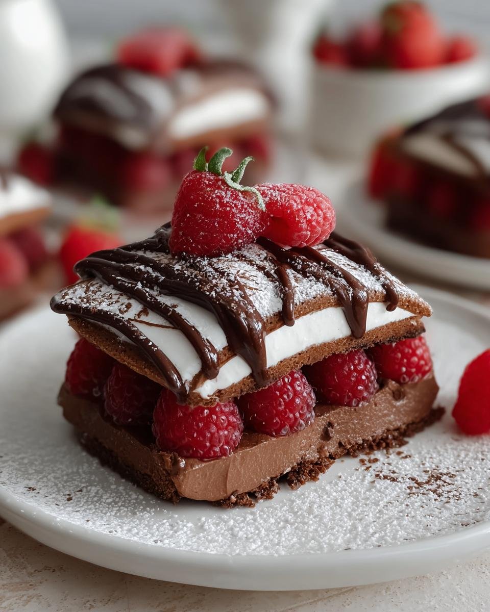 Gâteau Mousse Chocolat Framboise Facile en 5 étapes 3 Gâteau Mousse Chocolat Framboise Facile : gros plan sur une part individuelle garnie de framboises fraîches et de chocolat.