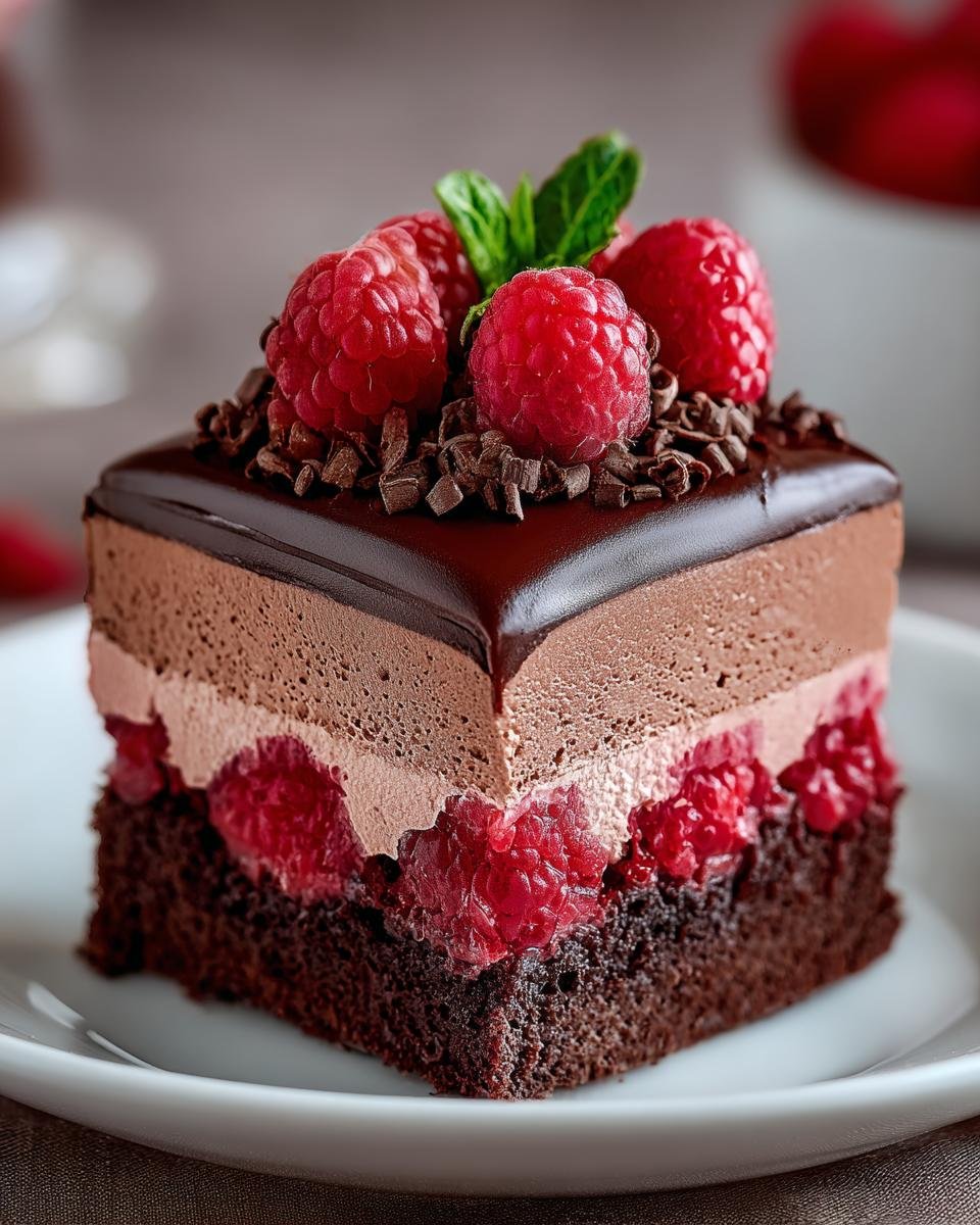 Gâteau mousse chocolat framboise en part, garni de framboises fraîches et copeaux de chocolat.
