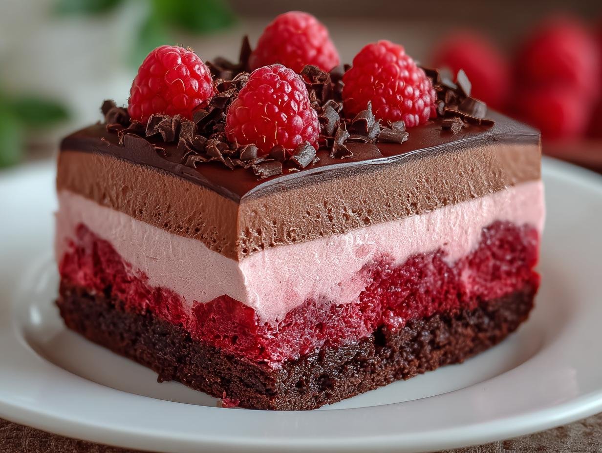 Gros plan d'une part de Gâteau Mousse Chocolat Framboise, garnie de framboises fraîches et copeaux de chocolat.