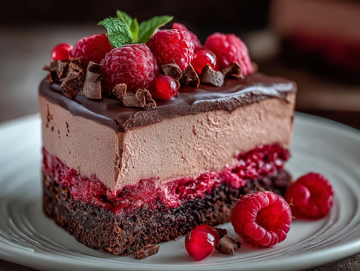 Gros plan d'une part de Gâteau Mousse Chocolat Framboise, garnie de framboises fraîches et de copeaux de chocolat.