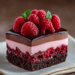 Une part de gâteau mousse chocolat framboise garnie de framboises fraîches et de feuilles de menthe.