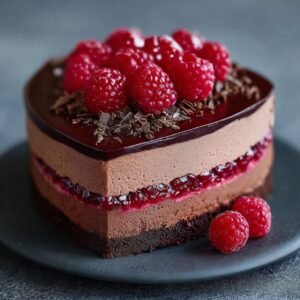 Gâteau mousse chocolat framboise rapide, garni de framboises fraîches et de copeaux de chocolat.