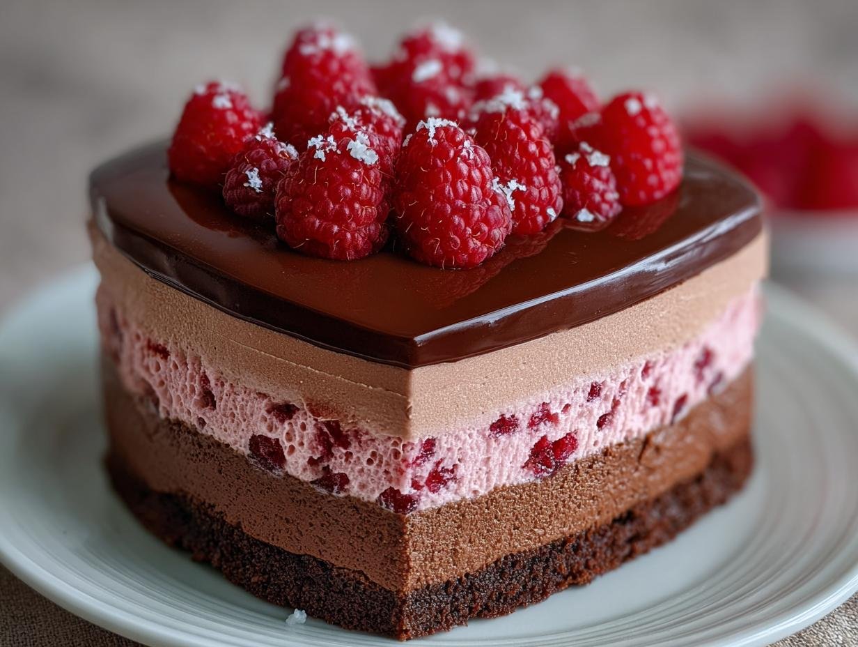 Gâteau Mousse Chocolat Framboise Rapide, garni de framboises fraîches et de glaçage au chocolat.