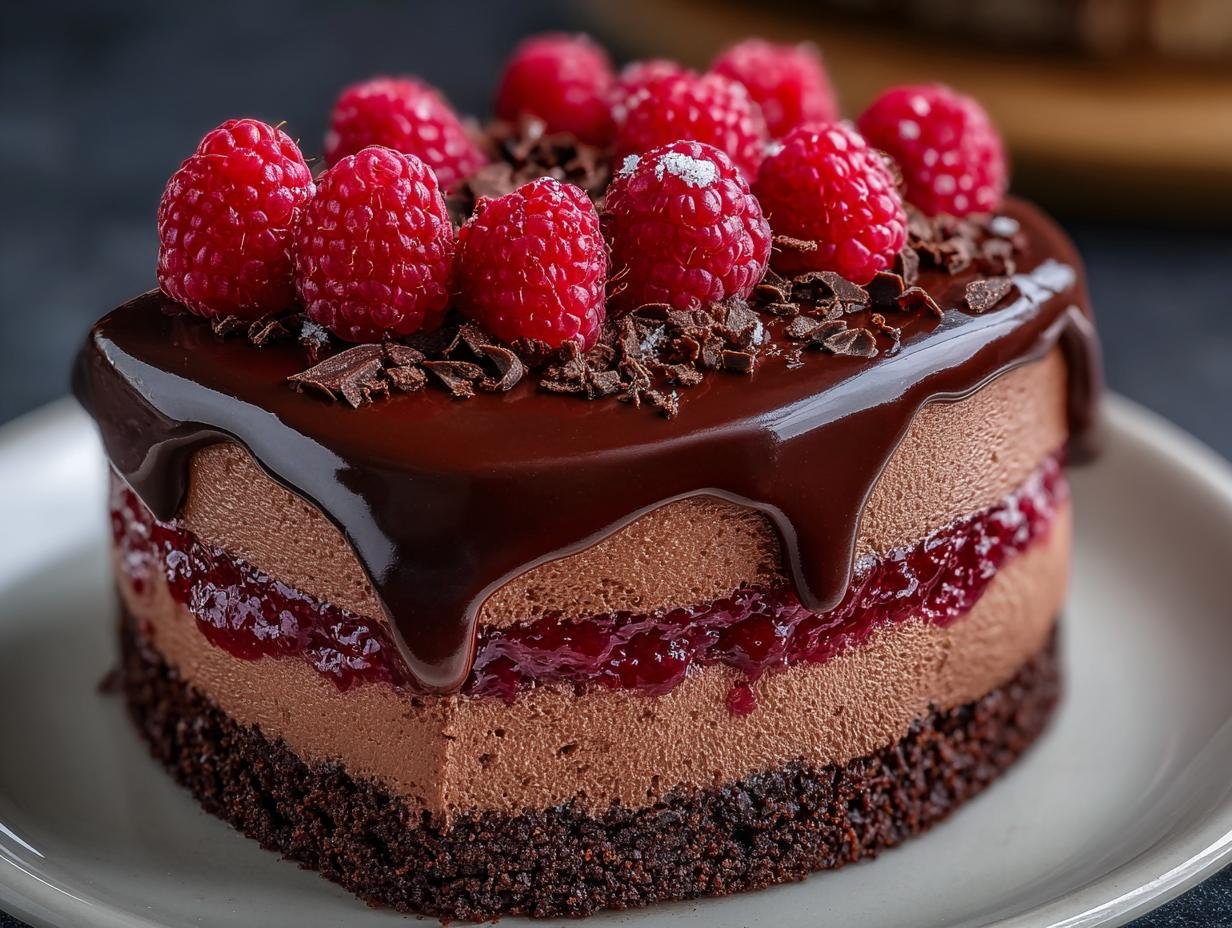 Gros plan d'un gâteau mousse chocolat framboise rapide, garni de framboises fraîches et de copeaux de chocolat.
