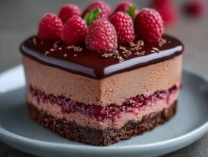 Gâteau Mousse Chocolat Framboise Rapide garni de framboises fraîches et de glaçage au chocolat brillant.