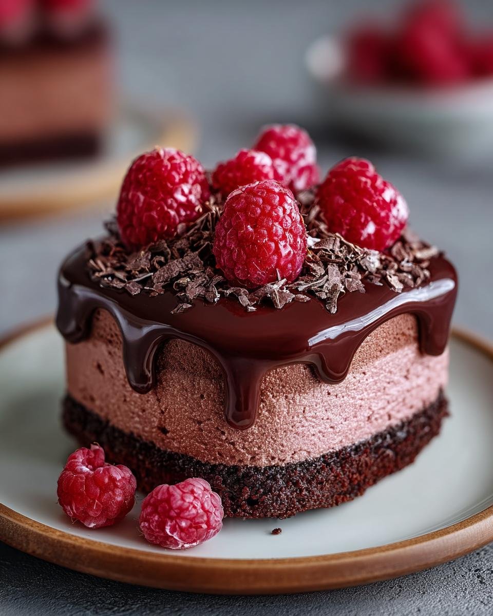 Gros plan d'un gâteau mousse chocolat framboise rapide, garni de framboises fraîches et de copeaux de chocolat.