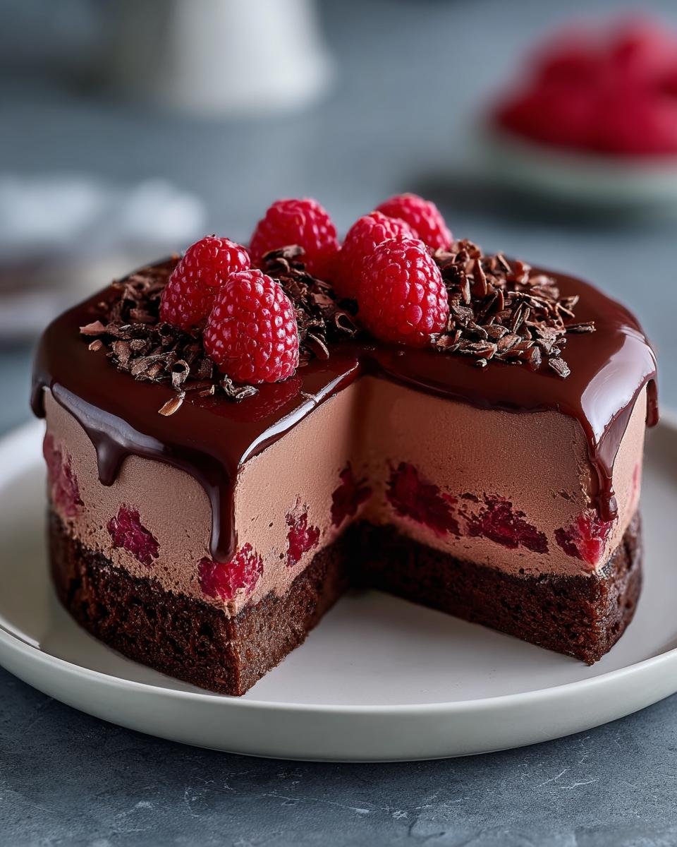 Gros plan d'une tranche de Gâteau Mousse Chocolat Framboise Rapide, garni de framboises fraîches et de copeaux de chocolat.