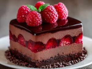 Gâteau Mousse Chocolat Framboise individuel, garni de framboises fraîches et de menthe.