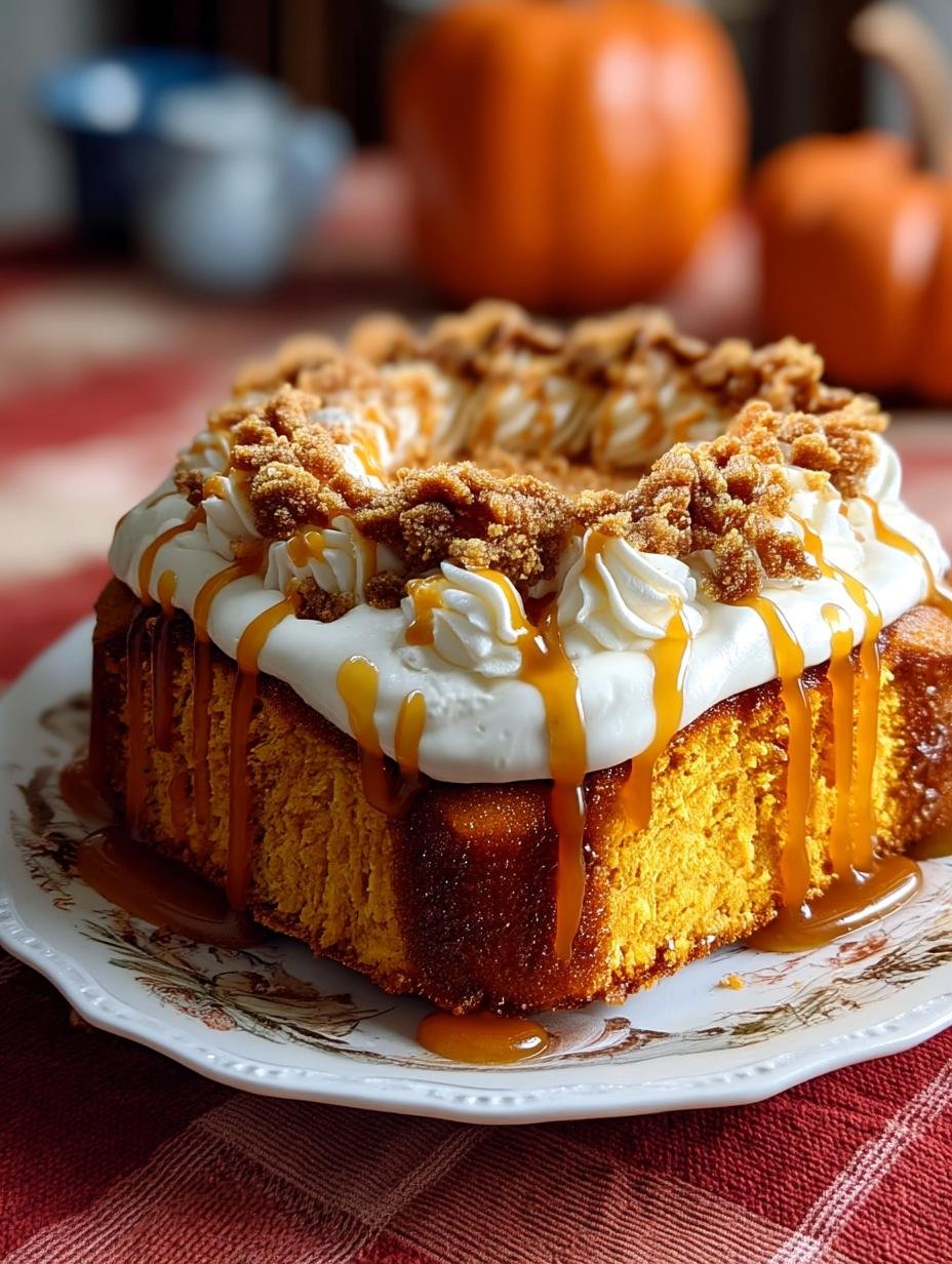 Gâteau au potiron individuel décoré de crème fouettée, miettes croustillantes et sauce caramel dégoulinante.