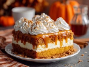 Tranche de gâteau au potiron généreusement garnie de crème fouettée, de sauce caramel et de miettes.