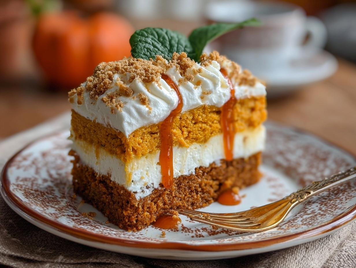 Gros plan sur une part de gâteau au potiron à plusieurs couches, garnie de crème fouettée et de coulis.