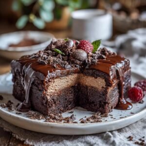 Gros plan d'une part de Gâteau Réfrigéré Brownies Facile, garni de chocolat et de framboises.
