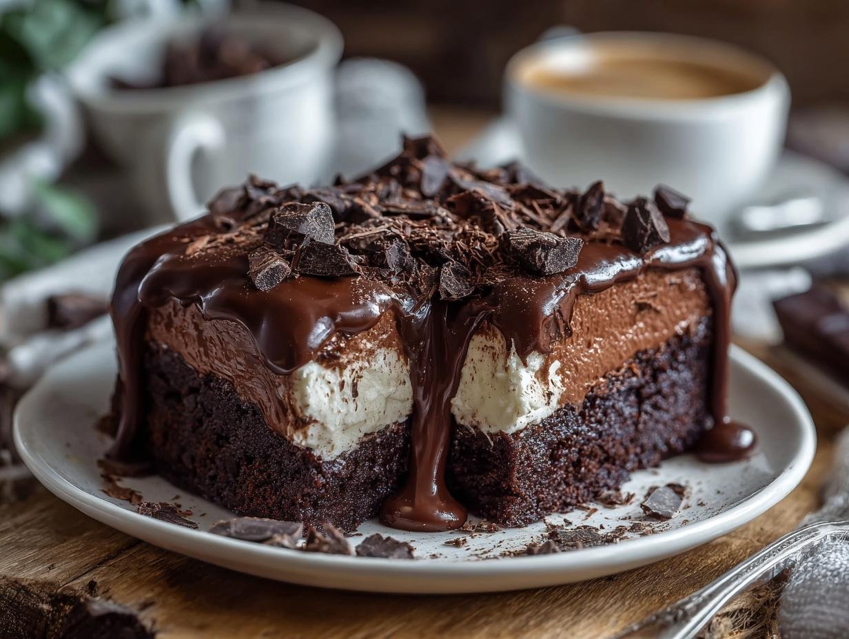 Gros plan d'une tranche de Gâteau Réfrigéré Brownies Facile avec glaçage au chocolat et copeaux.