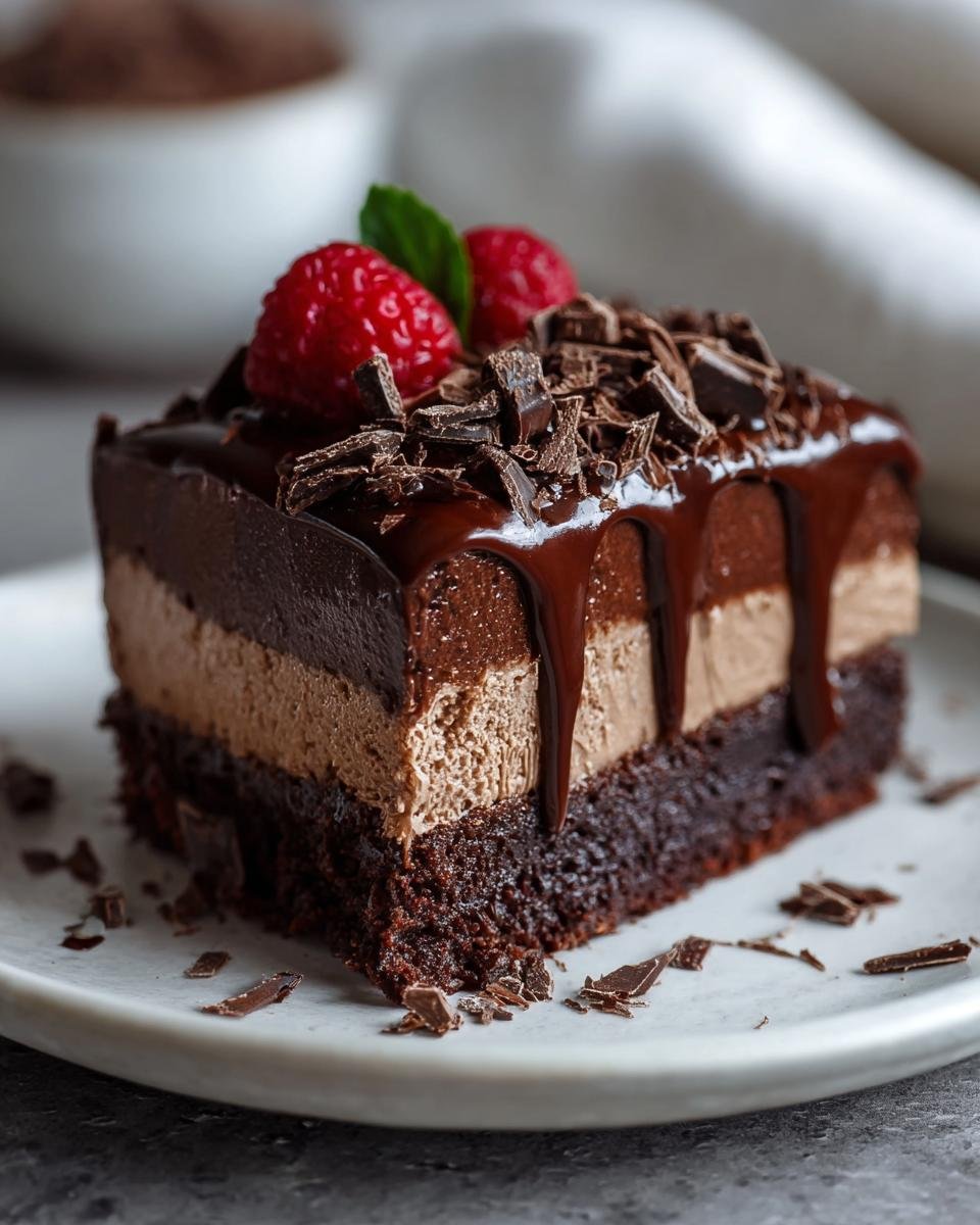 Gros plan d'une tranche de Gâteau Réfrigéré Brownies Facile, garnie de framboises et copeaux de chocolat.