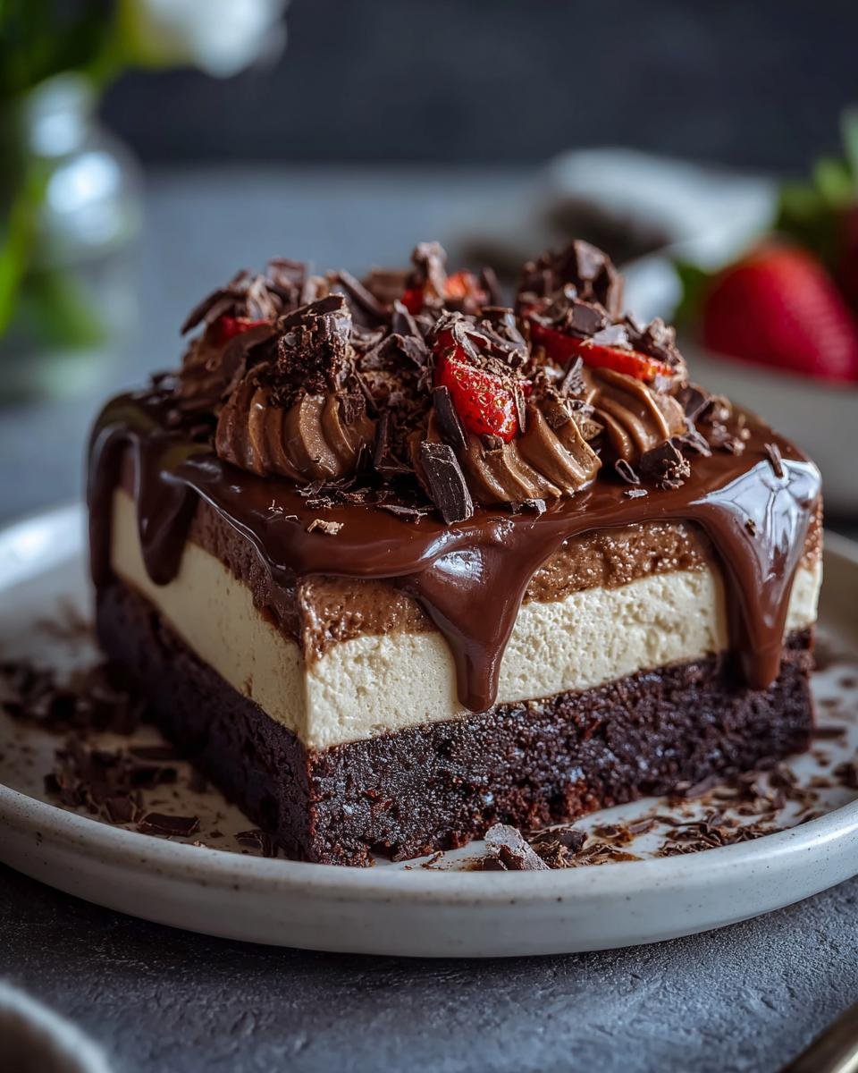 Gros plan d'une tranche de Gâteau Réfrigéré Brownies Facile, avec glaçage au chocolat et garniture aux fraises.