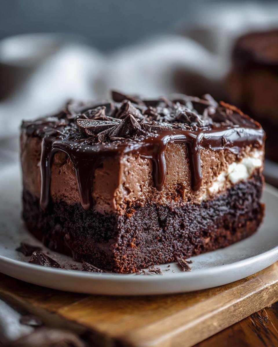 Gros plan d'une tranche de Gâteau Réfrigéré Brownies Facile, garnie de chocolat et de glaçage.