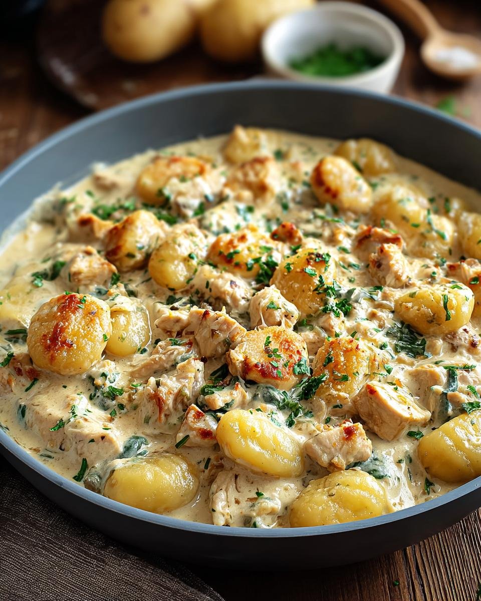 Gros plan sur un plat de gnocchi crémeux au poulet, garni de persil frais.