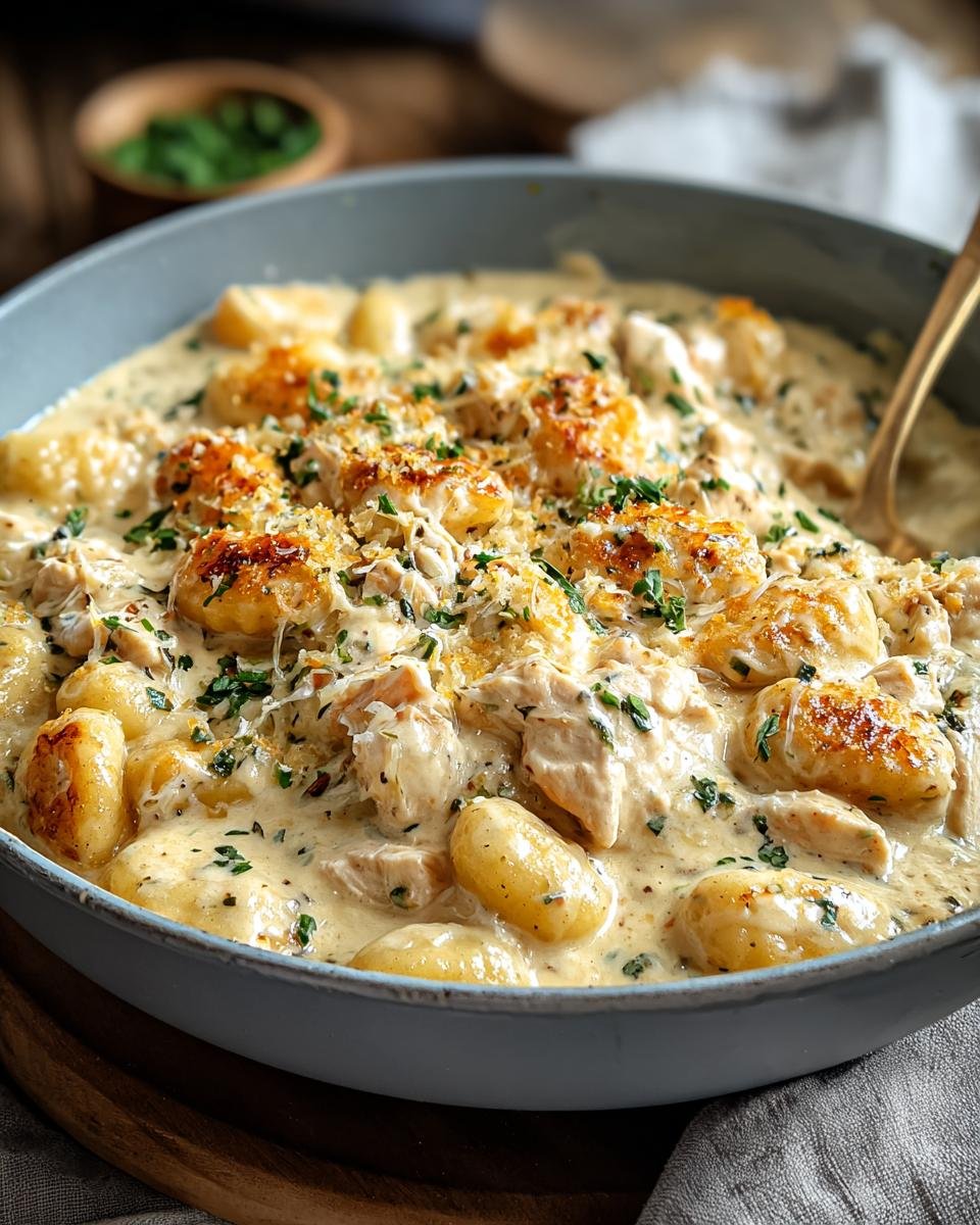 Gnocchi crémeux au poulet dans un bol, garni de persil et de fromage râpé.