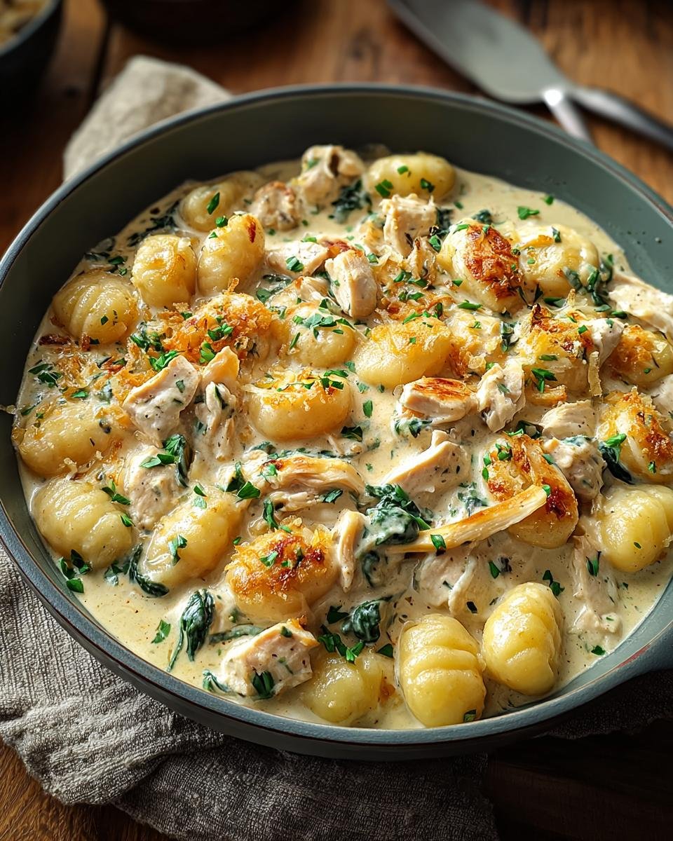 Gros plan sur un plat de gnocchi crémeux au poulet, garni d'herbes fraîches et d'oignons croustillants.