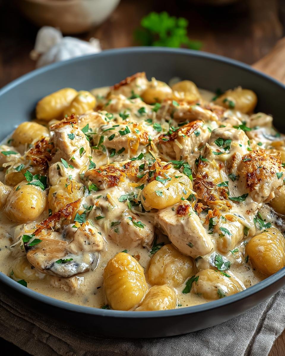 Gnocchi crémeux au poulet dans une sauce onctueuse, garni de persil frais et de fromage râpé.