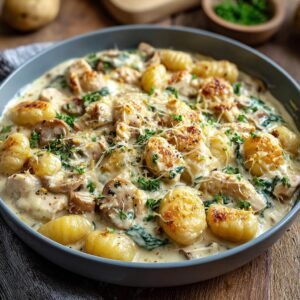 Gnocchi crémeux au poulet avec champignons et épinards, garni de fromage râpé et de persil.