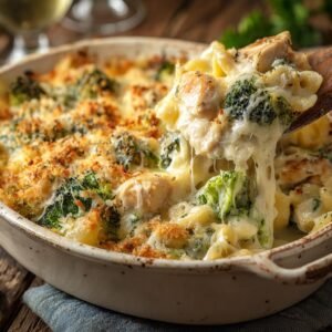 Gros plan d'une portion de gratin de poulet et brocoli, avec du fromage fondant et une croûte dorée.
