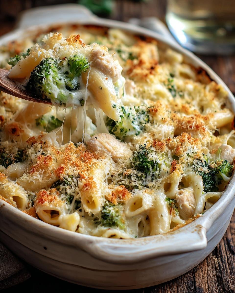 Première bouchée d'un gratin de poulet et brocoli, avec des pâtes, du poulet et du fromage filant.