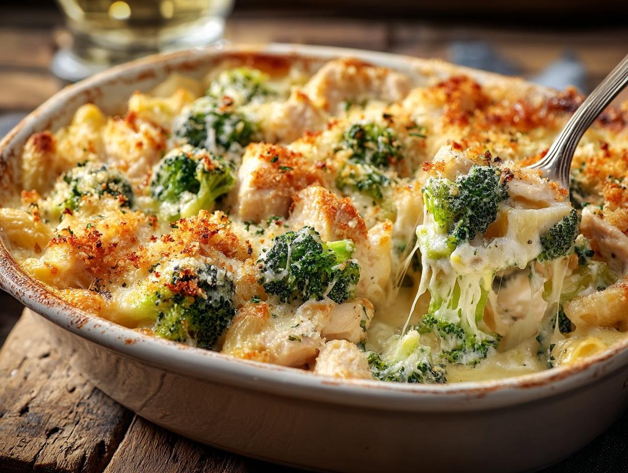 Gros plan d'une portion de gratin de poulet et brocoli avec du fromage filant, garni de chapelure dorée.