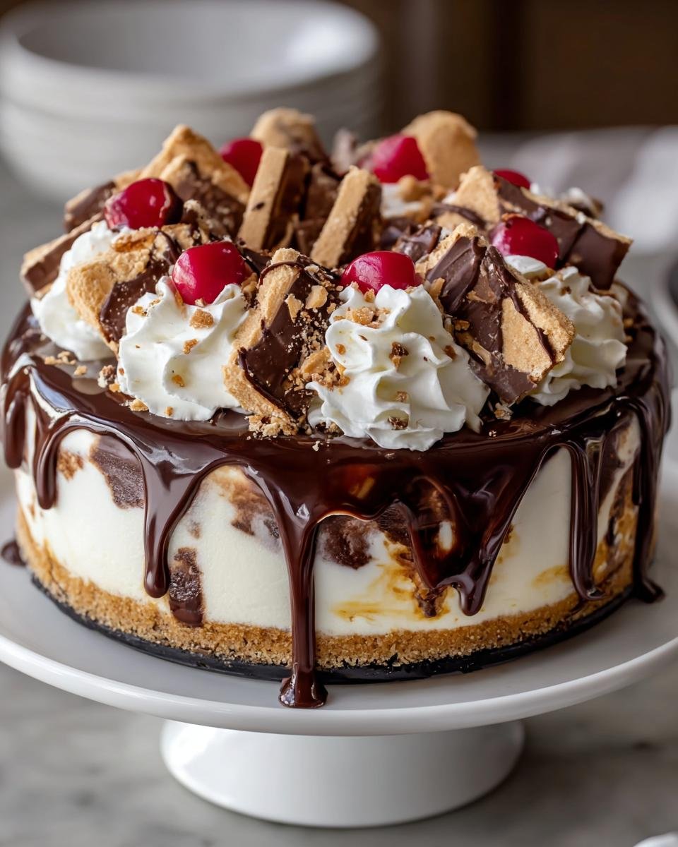 Hot Fudge Sundae Cheesecake: 3 secrets gourmands 2 Gros plan d'un Hot Fudge Sundae Cheesecake décoré de crème fouettée, de morceaux de chocolat et de cerises.