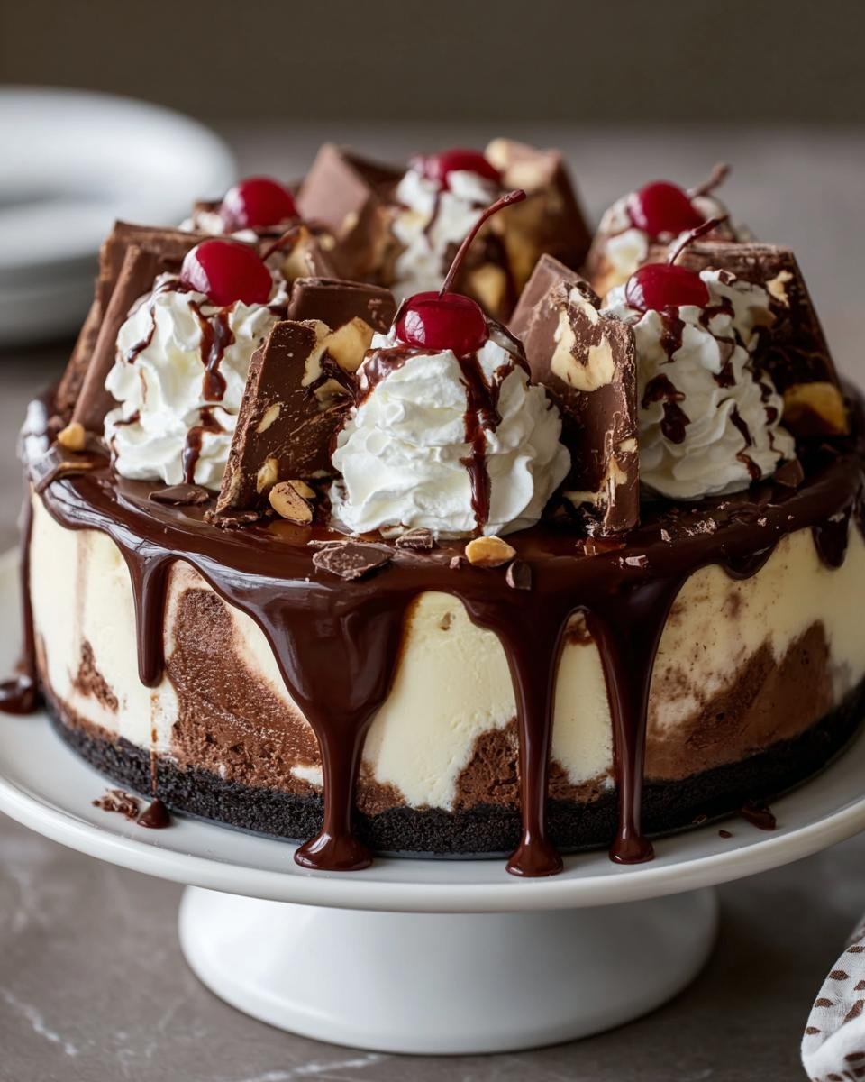 Hot Fudge Sundae Cheesecake: 3 secrets gourmands 1 Gâteau Hot Fudge Sundae Cheesecake avec glaçage au chocolat, crème fouettée, cerises et morceaux de chocolat.