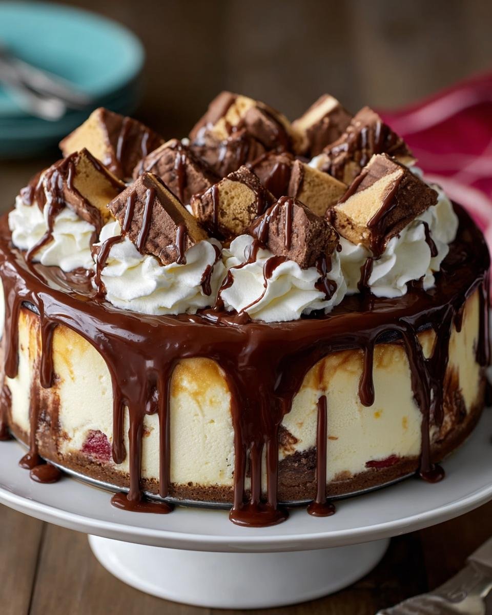 Hot Fudge Sundae Cheesecake: 3 secrets gourmands 4 Gros plan d'un Hot Fudge Sundae Cheesecake décoré de crème fouettée, de sauce chocolat et de morceaux de caramel.