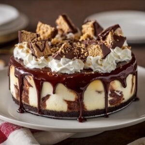 Gros plan d'un Hot Fudge Sundae Cheesecake avec glaçage au chocolat, crème fouettée et morceaux de chocolat.