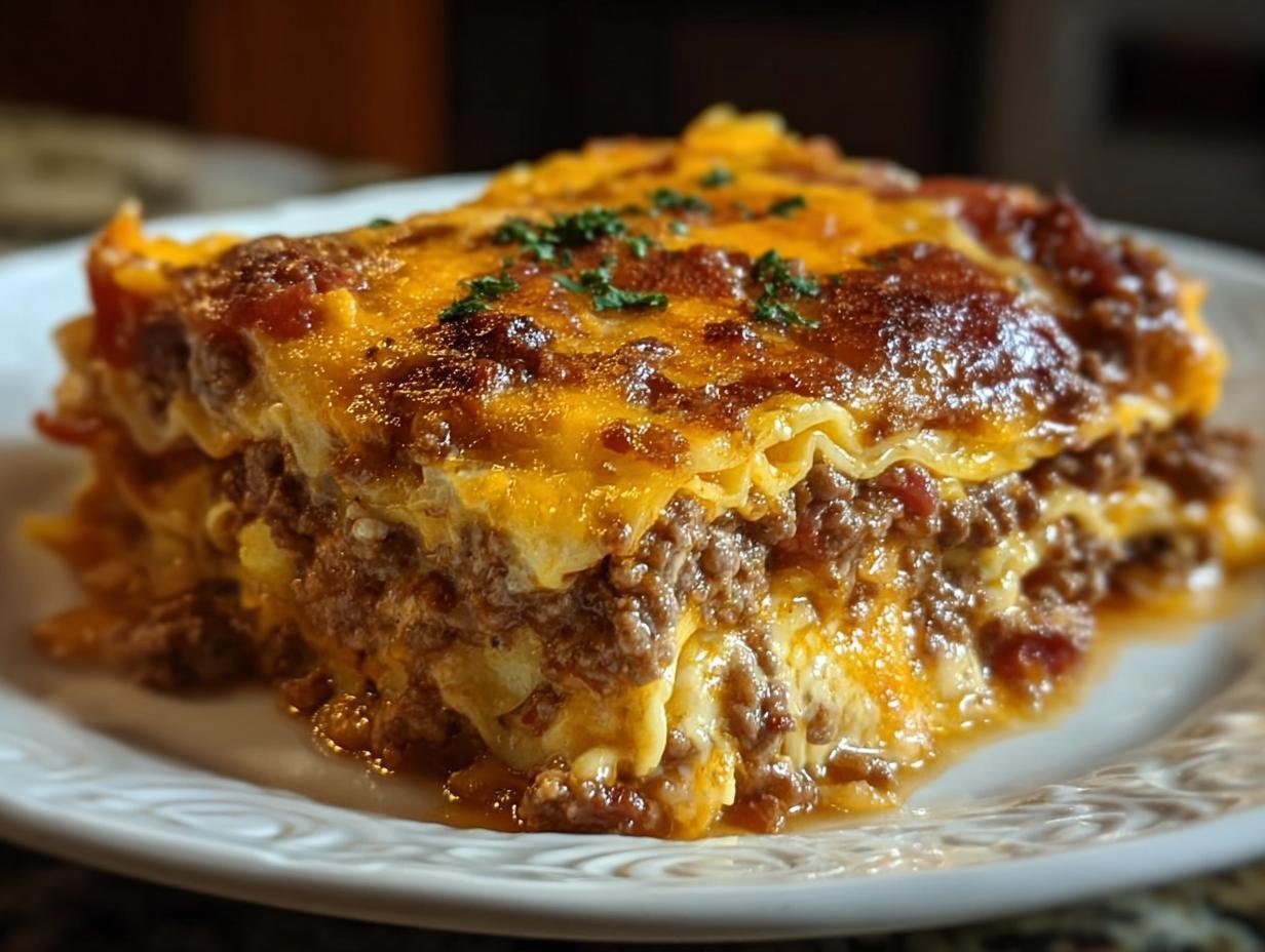 Gros plan d'une part de lasagne cheeseburger avec des couches de viande, de fromage fondant et de pâtes.