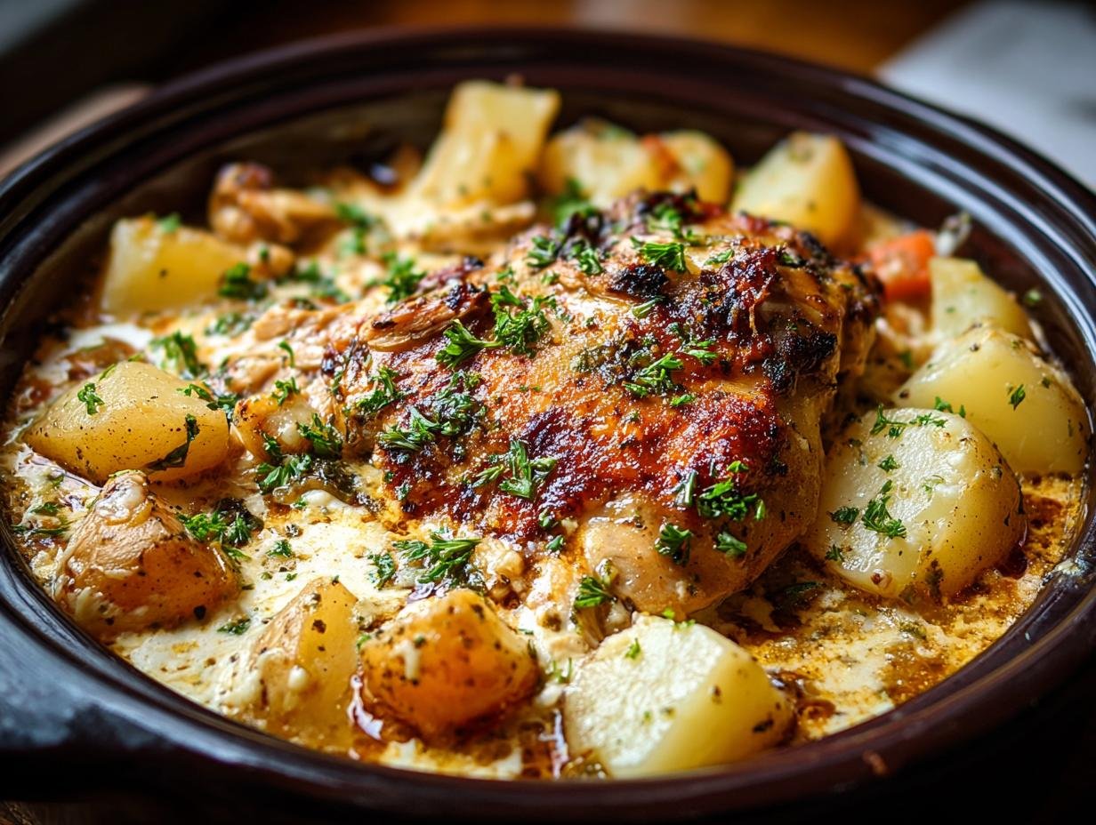 Gros plan d'un plat mijoté de poulet, pommes de terre, ail et parmesan, garni de persil frais.