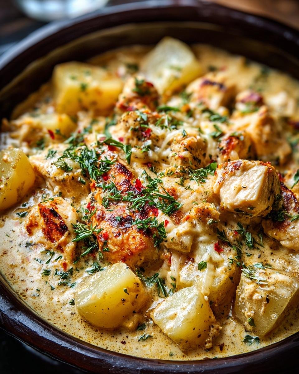 Gros plan d'une mijoteuse poulet pommes de terre ail parmesan crémeuse, garnie d'herbes fraîches.