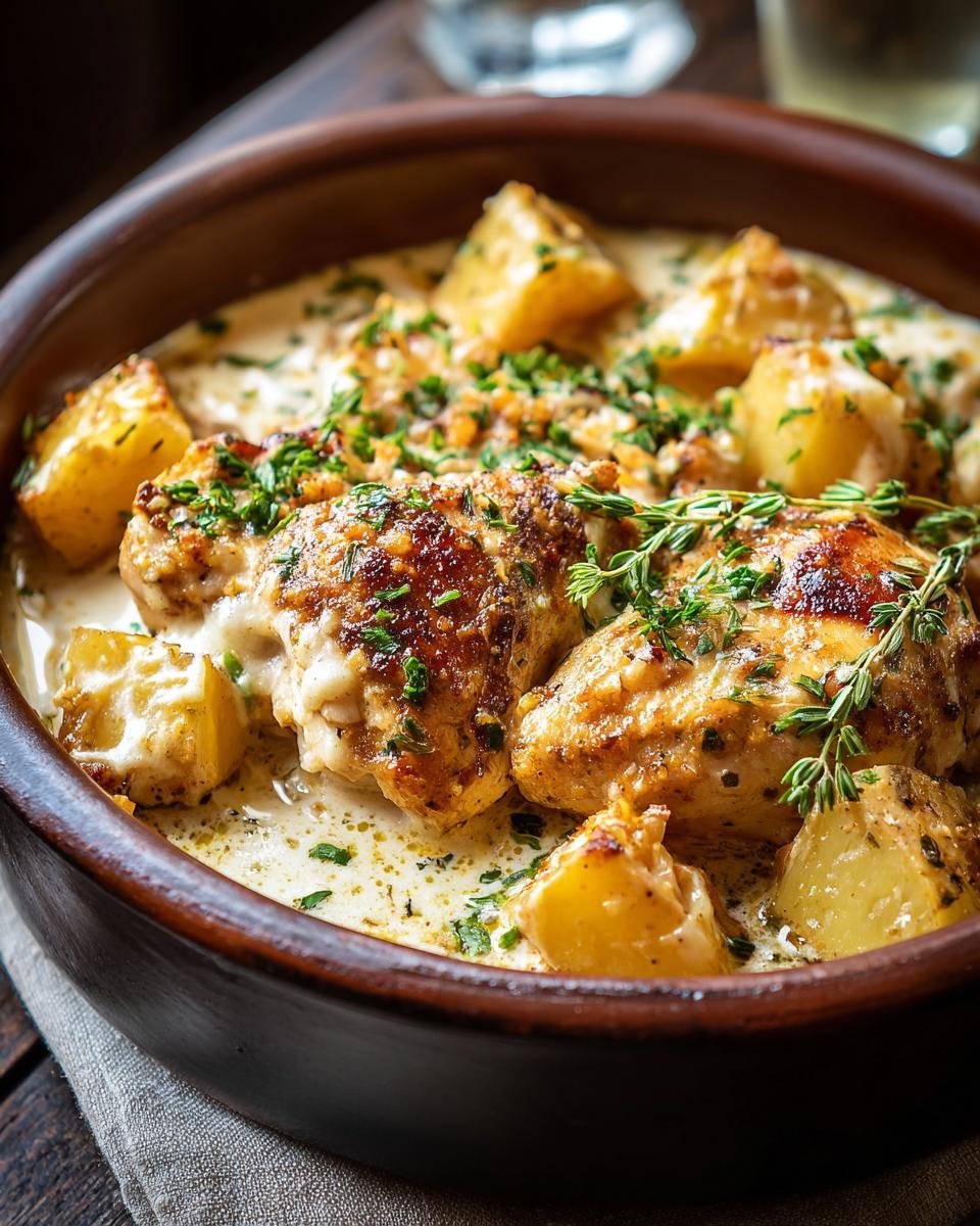 Gros plan d'un plat de mijoteuse poulet pommes de terre ail parmesan crémeux, garni d'herbes fraîches.
