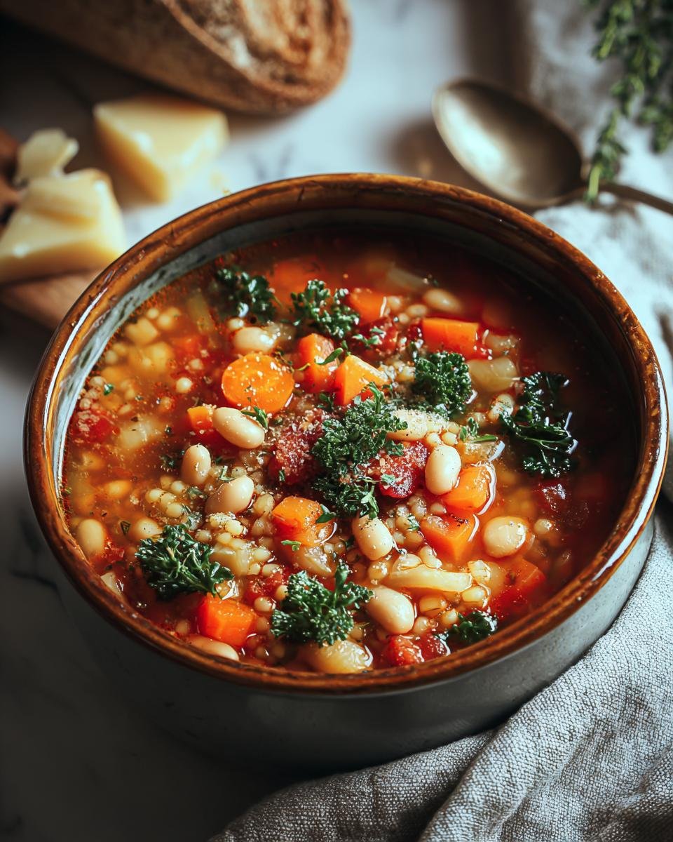 Minestrone d'Hiver recette: 6 saveurs réconfortantes 1 Gros plan d'un bol de Minestrone d'Hiver avec haricots, carottes, pâtes et garniture d'herbes.