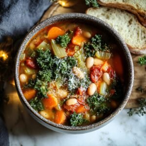 Gros plan d'un bol de Minestrone d'Hiver, garni de kale, haricots blancs et parmesan râpé.