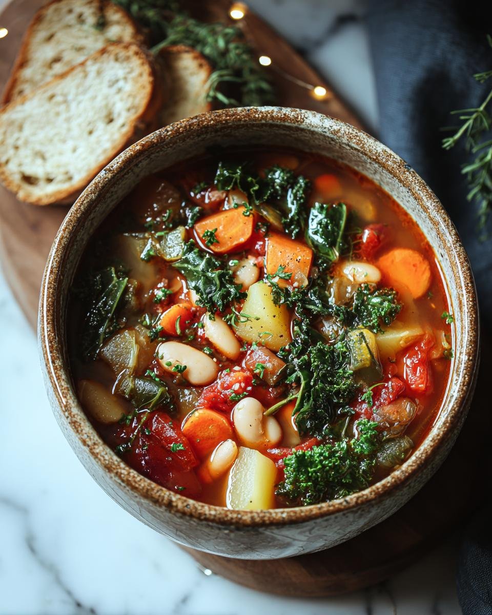 Minestrone d'Hiver recette: 6 saveurs réconfortantes 2 Gros plan d'un bol de Minestrone d'Hiver avec des haricots blancs, des carottes, des pommes de terre et du chou frisé.