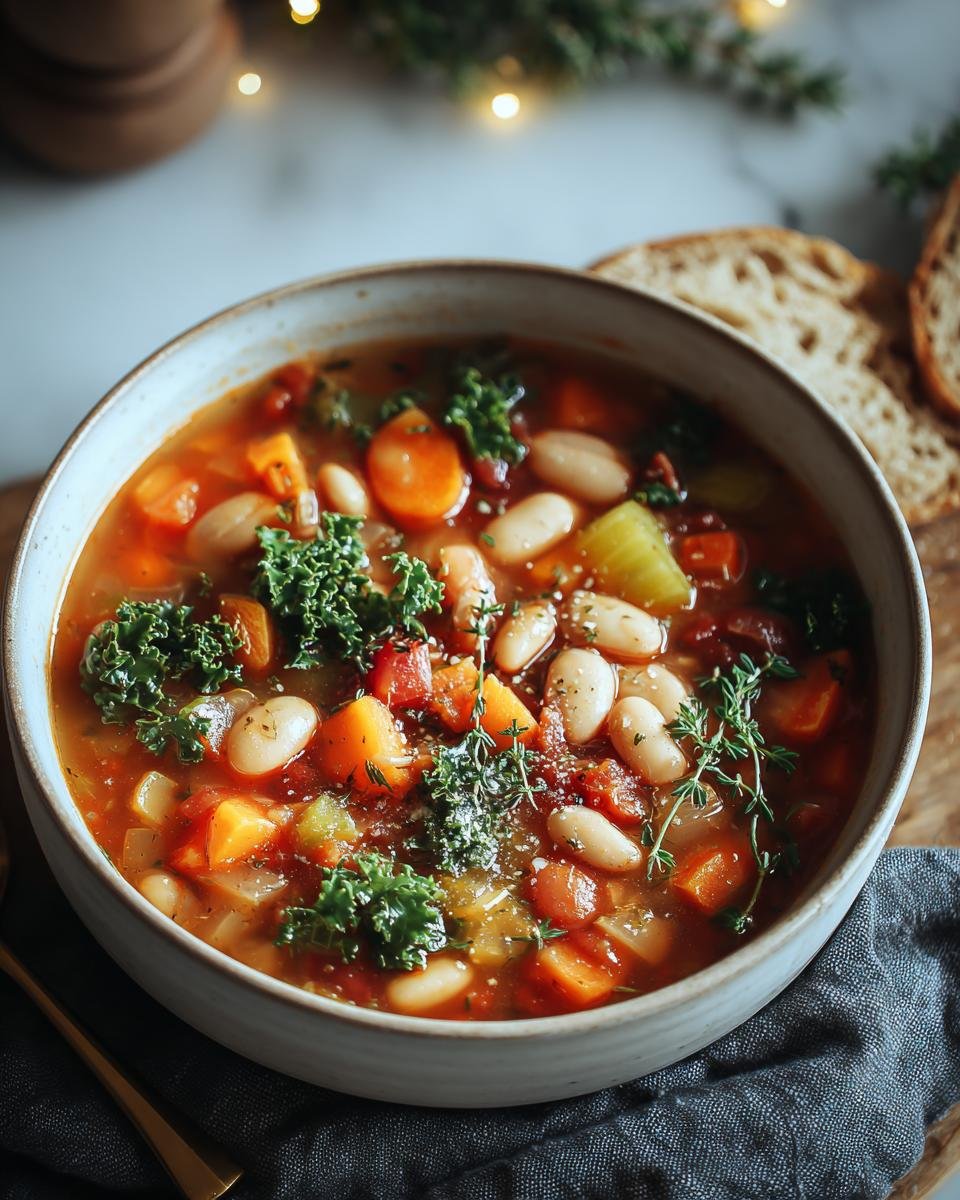 Minestrone d'Hiver recette: 6 saveurs réconfortantes 3 Bol de Minestrone d'Hiver fait maison avec haricots blancs, carottes, chou kale et herbes fraîches.