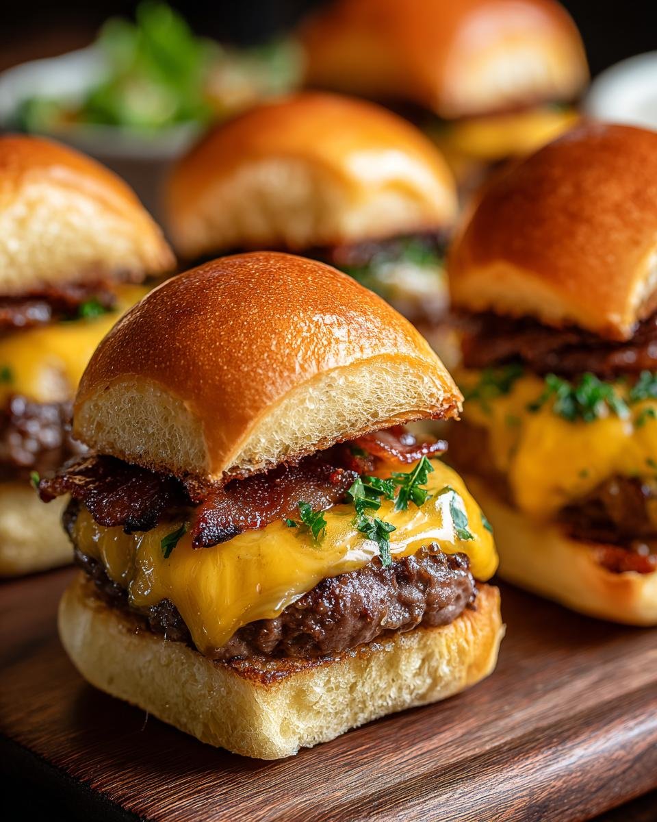 Gros plan sur un mini burger au beurre cowboy avec fromage fondant, bacon croustillant et persil frais.