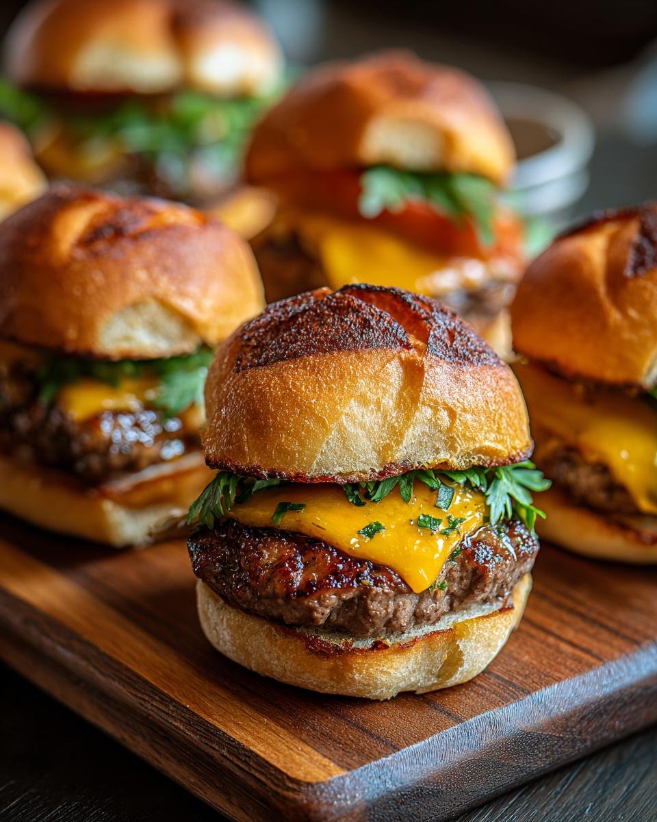 Gros plan sur un mini burger au beurre cowboy garni de fromage fondant et de persil frais.