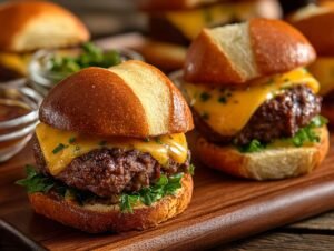 Gros plan sur des mini burgers au beurre cowboy avec fromage fondant et garniture verte.