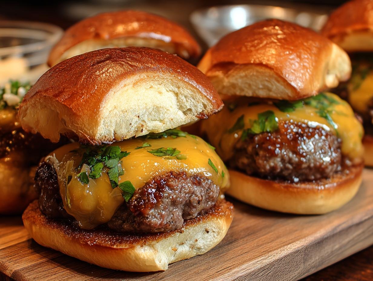 Gros plan sur des mini burgers au beurre cowboy avec fromage fondu et persil frais.